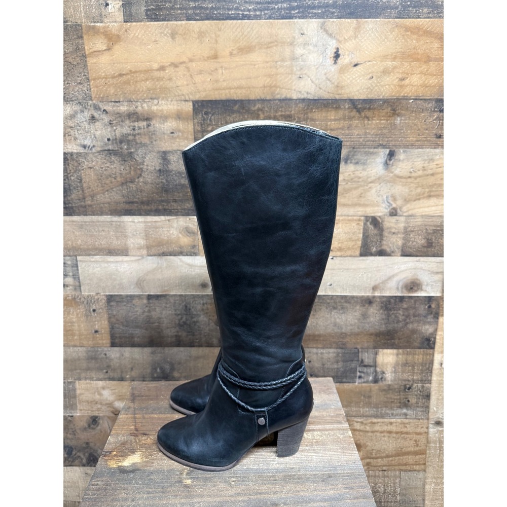 UGG Australia Black Leather Knee High Boots Braided Feather Zip 1008623 Womens 6